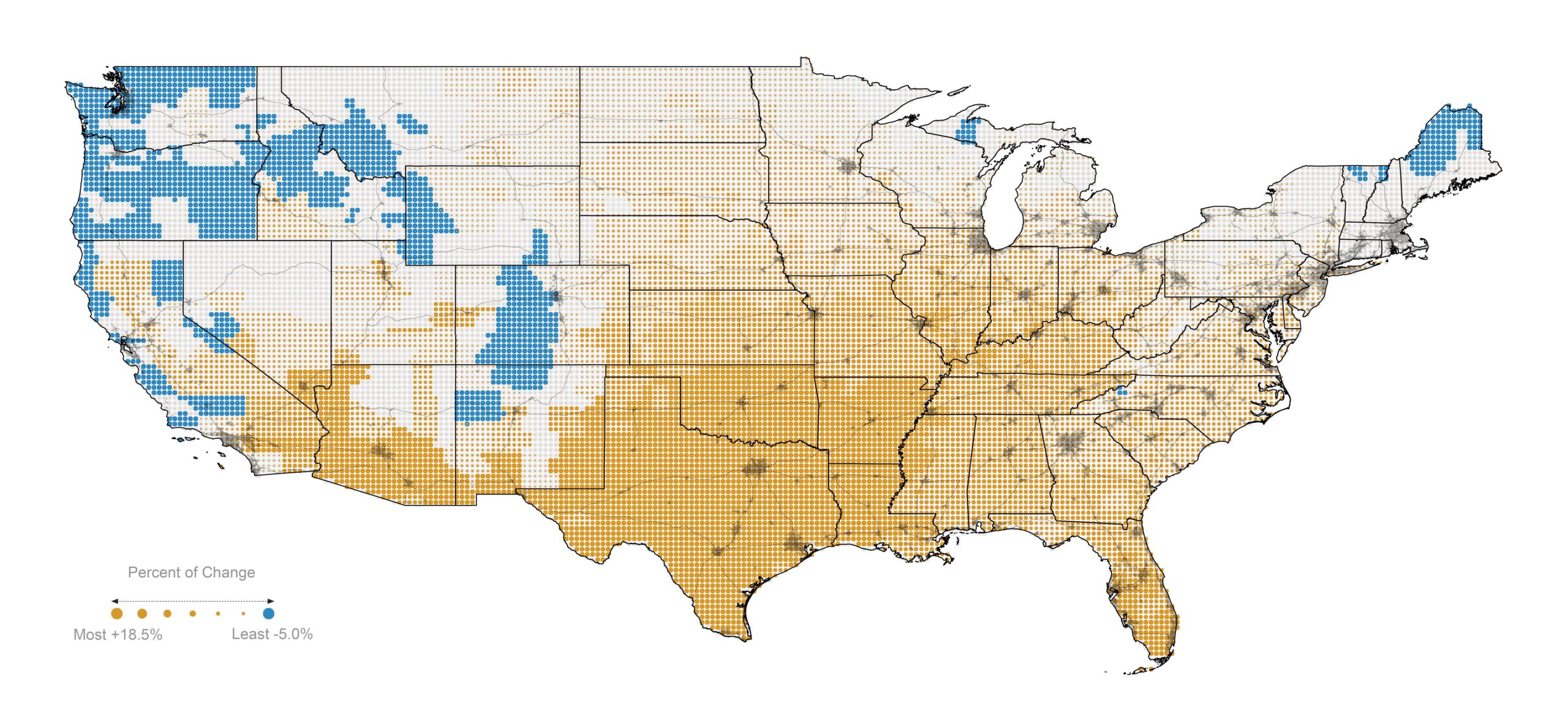 Map of predicted energy demand changes in the US lower 48