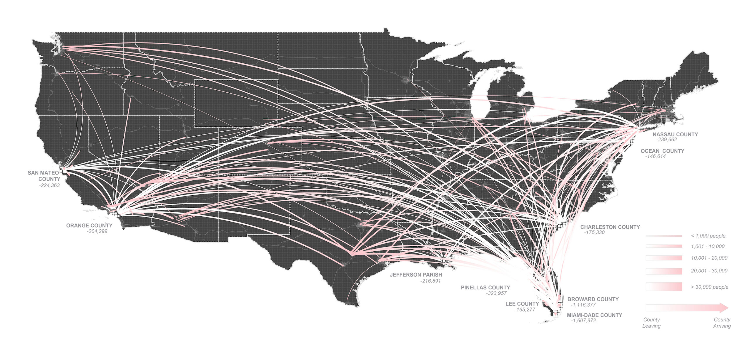 Map of climate out-migration from counties in the US lower 48