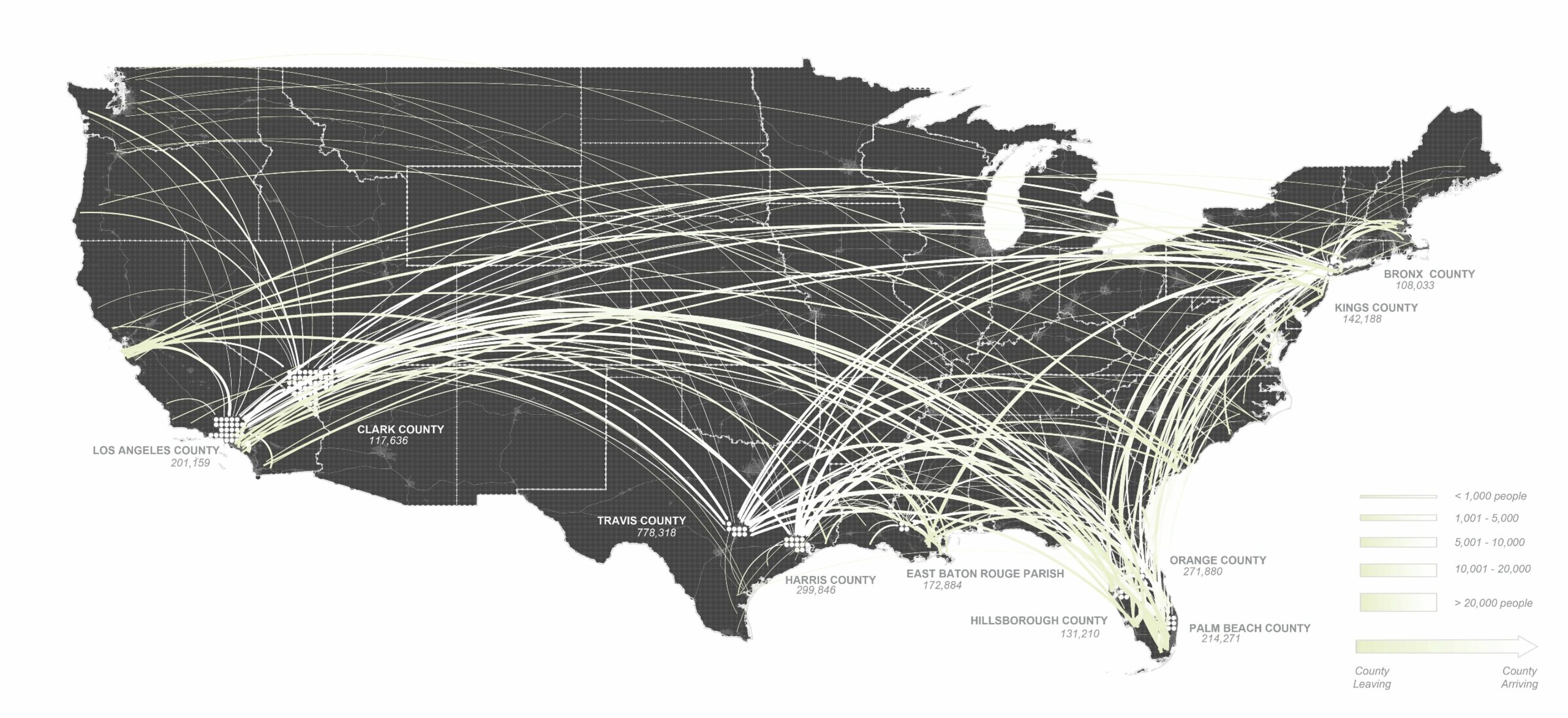 Map of climate in-migration to counties in the US lower 48