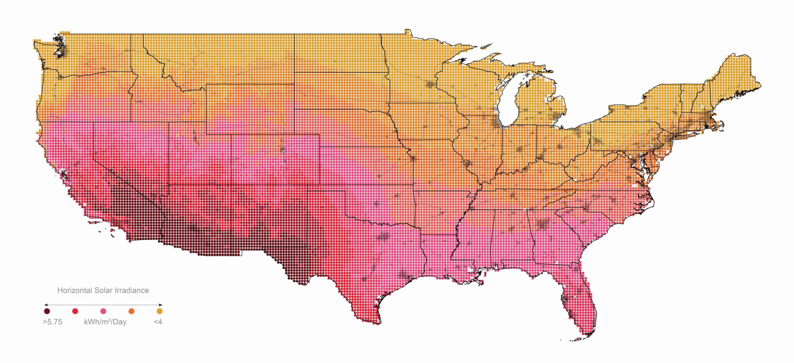 Map of solar power potential in the US lower 48