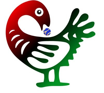 Adinkra symbol for Sankofa, a mythical bird with its feet firmly planted forward which represents the idea that the past serves as a guide for planning the future, represented by the egg on the bird’s back.