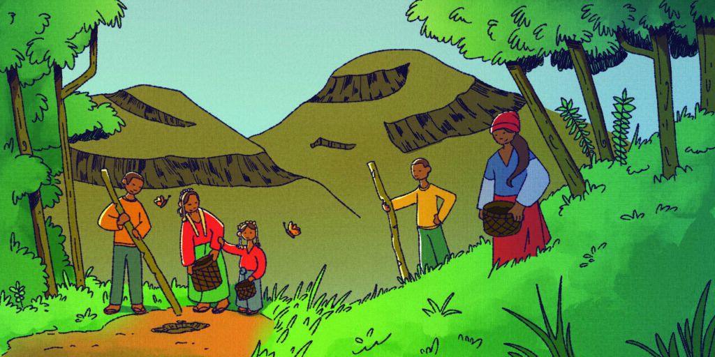 A colour illustration of four Indigenous people holding baskets, with two mountain peaks behind them